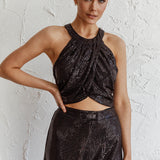 Anything Goes Draped Sequin Crop Top Black