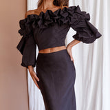 Midnight Mirage Puff Ruffle Crop Top Black