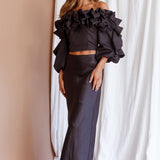 Midnight Mirage Puff Ruffle Crop Top Black