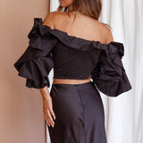 Midnight Mirage Puff Ruffle Crop Top Black