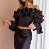 Midnight Mirage Puff Ruffle Crop Top Black