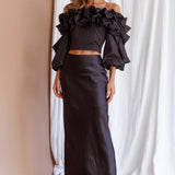 Midnight Mirage Puff Ruffle Crop Top Black