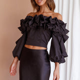 Midnight Mirage Puff Ruffle Crop Top Black