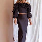 Midnight Mirage Puff Ruffle Crop Top Black