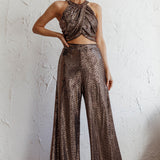 Anything Goes Wide Leg Metallic Pants Gold