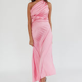 Scarlett One-Shoulder Pleat Maxi Dress Pink