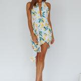 Euro Trip Halter Wrap Mini Dress Lemon