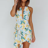 Euro Trip Halter Wrap Mini Dress Lemon