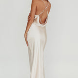 Danijela Cowl Neck Pearl Satin Maxi Dress Champagne