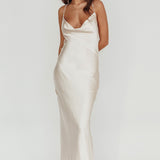 Danijela Cowl Neck Pearl Satin Maxi Dress Champagne