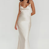 Danijela Cowl Neck Pearl Satin Maxi Dress Champagne