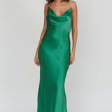 Danijela Cowl Neck Pearl Satin Maxi Dress Emerald