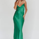 Danijela Cowl Neck Pearl Satin Maxi Dress Emerald