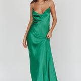 Danijela Cowl Neck Pearl Satin Maxi Dress Emerald