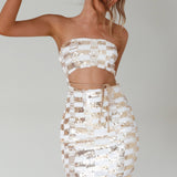 Tupelo Cut-Out Waist Sequin Mini Dress Gold/White