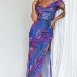 Arcadia Off-Shoulder Sleeve Midi Dress Blue