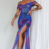 Arcadia Off-Shoulder Sleeve Midi Dress Blue