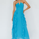 Asiah Ruffle Trim Halterneck Maxi Dress Cerulean Blue