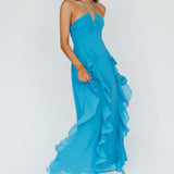 Asiah Ruffle Trim Halterneck Maxi Dress Cerulean Blue