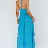 Asiah Ruffle Trim Halterneck Maxi Dress Cerulean Blue