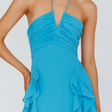 Asiah Ruffle Trim Halterneck Maxi Dress Cerulean Blue