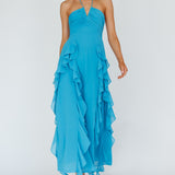 Asiah Ruffle Trim Halterneck Maxi Dress Cerulean Blue