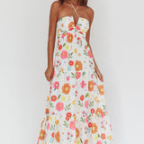 Asiah Gathered Bust Halterneck Maxi Dress Floral White