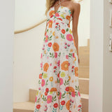 Asiah Gathered Bust Halterneck Maxi Dress Floral White