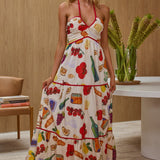 Asiah Gathered Bust Halterneck Maxi Dress Print White