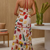 Asiah Gathered Bust Halterneck Maxi Dress Print White