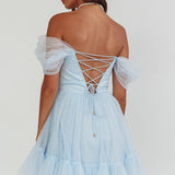 Pixi Off-Shoulder Lace-Up Back Dress Baby Blue