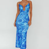 Nouveau U-Neckline Midi Dress Marbled Blue