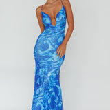 Nouveau U-Neckline Midi Dress Marbled Blue
