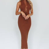 Brand New Day Lace-Up Bust Knit Midi Dress Chocolate
