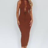 Brand New Day Lace-Up Bust Knit Midi Dress Chocolate