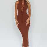 Brand New Day Lace-Up Bust Knit Midi Dress Chocolate