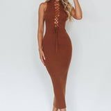 Brand New Day Lace-Up Bust Knit Midi Dress Chocolate