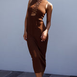 Brand New Day Lace-Up Bust Knit Midi Dress Chocolate