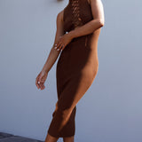 Brand New Day Lace-Up Bust Knit Midi Dress Chocolate