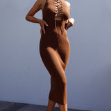 Brand New Day Lace-Up Bust Knit Midi Dress Chocolate