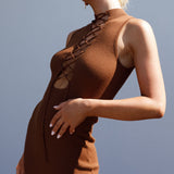 Brand New Day Lace-Up Bust Knit Midi Dress Chocolate