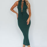Brand New Day Lace-Up Bust Knit Midi Dress Emerald