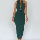 Brand New Day Lace-Up Bust Knit Midi Dress Emerald