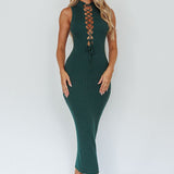 Brand New Day Lace-Up Bust Knit Midi Dress Emerald