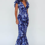 Lydiah Ruffle Sleeve Maxi Dress Floral Blue