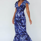 Lydiah Ruffle Sleeve Maxi Dress Floral Blue
