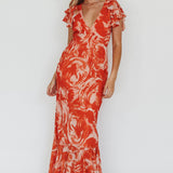 Lydiah Ruffle Sleeve Maxi Dress Floral Orange