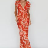Lydiah Ruffle Sleeve Maxi Dress Floral Orange