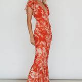 Lydiah Ruffle Sleeve Maxi Dress Floral Orange