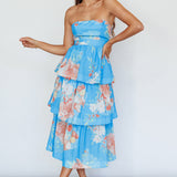 Outshine Strapless Tiered Midi Dress Floral Blue